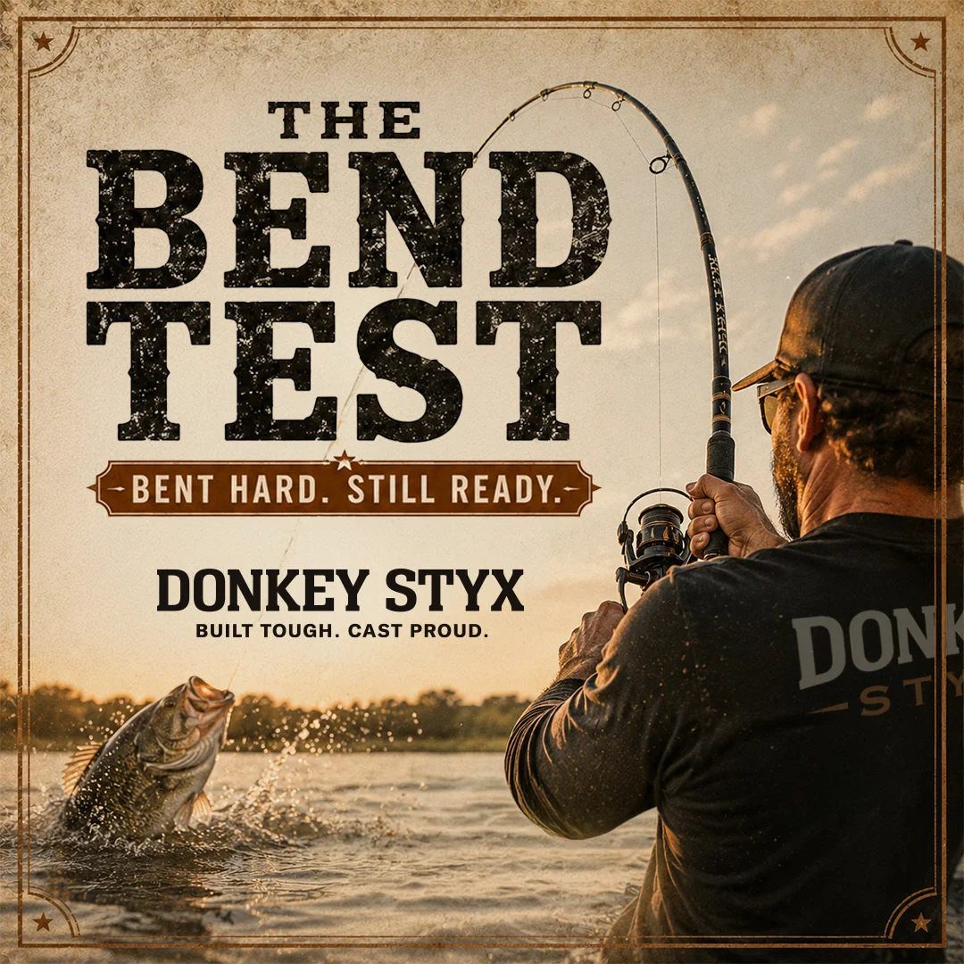 The Bend Test finished poster, Donkey Styx rod bent hard, still ready