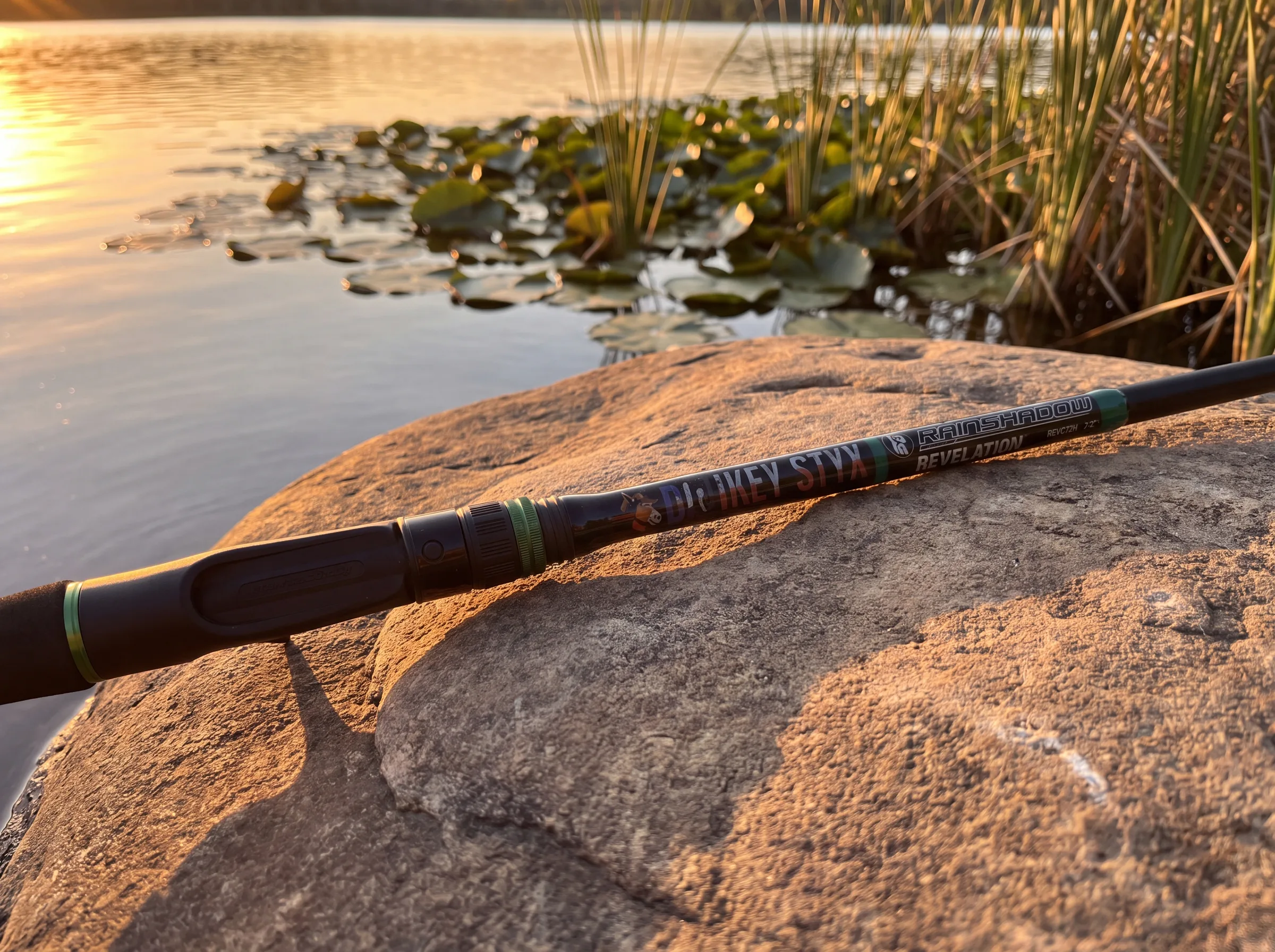 A finished custom Donkey Styx rod, Dr Mikey Styx wrap, black blank with green trim