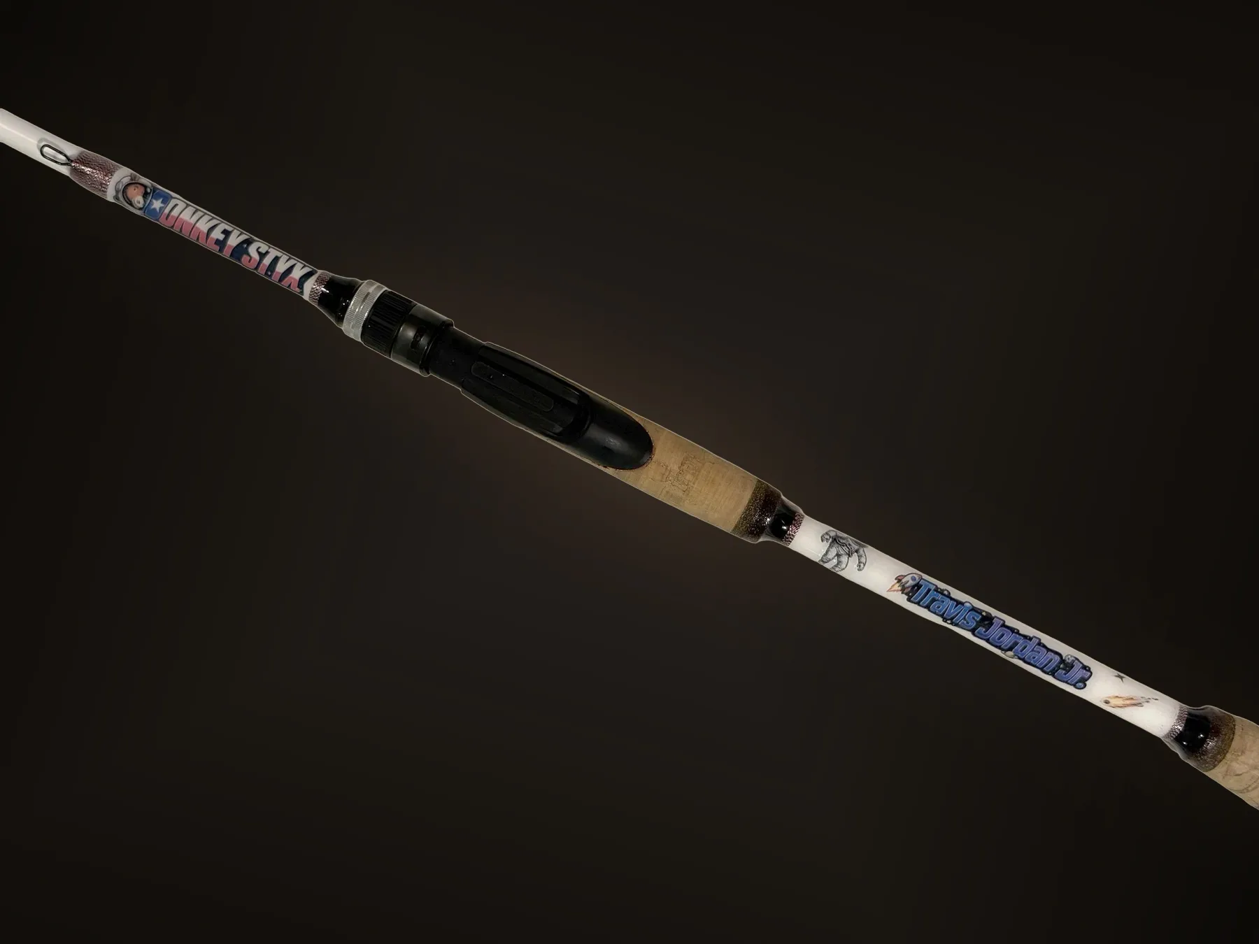 A finished custom Donkey Styx rod, the Travis Jordan Jr. name-wrap build