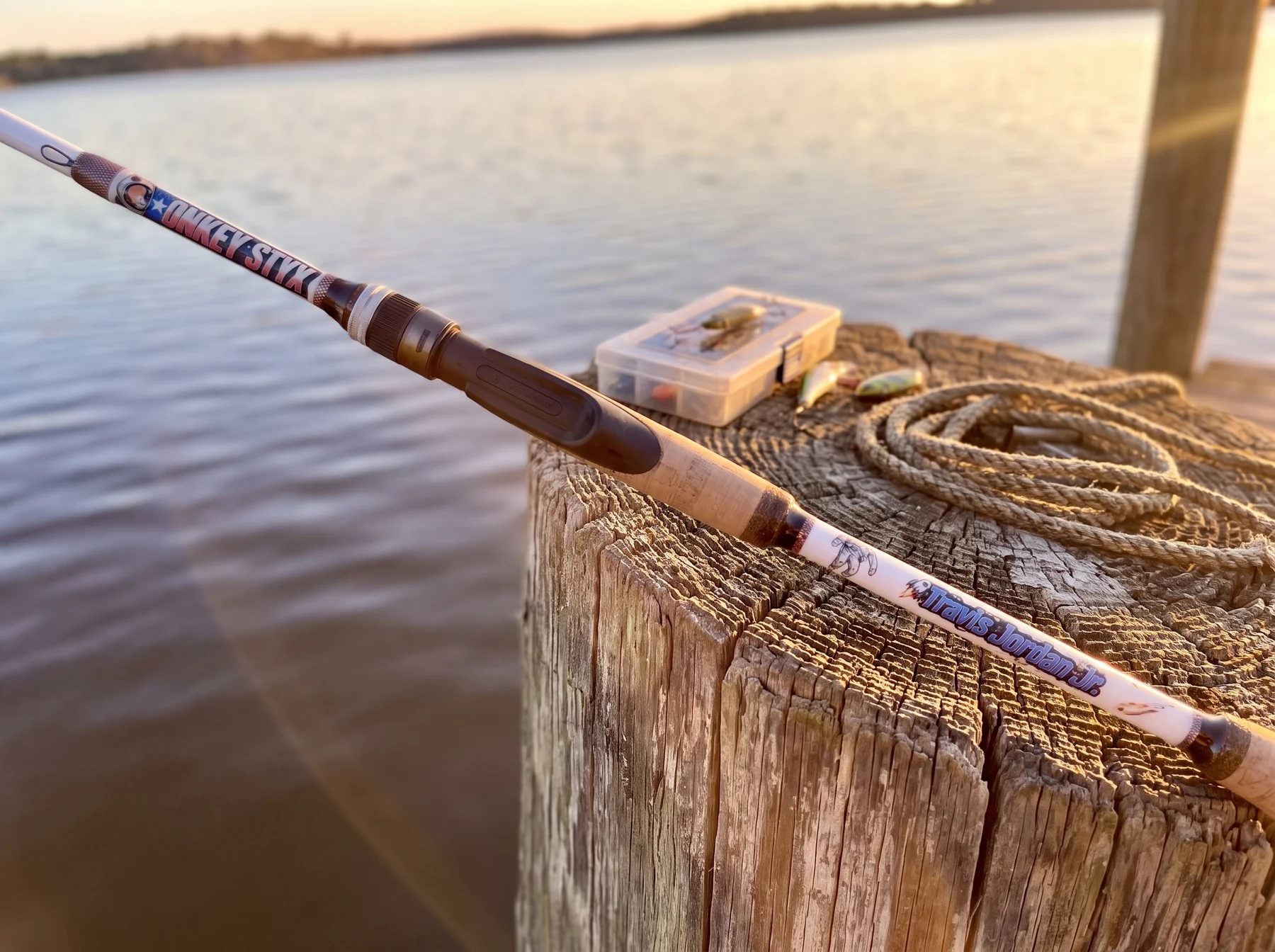 A finished custom Donkey Styx rod, Travis Jordan Jr. name wrap