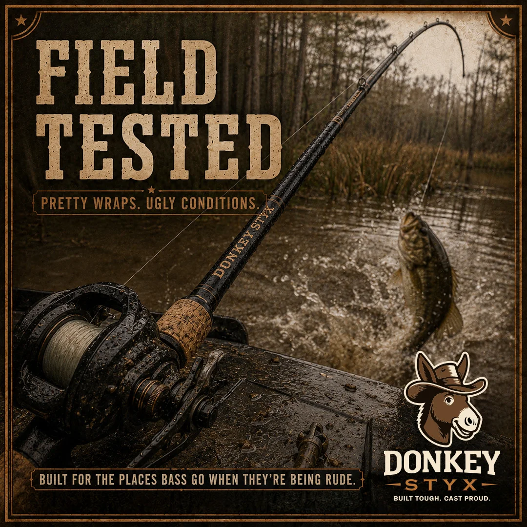Field Tested finished poster, Donkey Styx rod landing a bass in ugly conditions