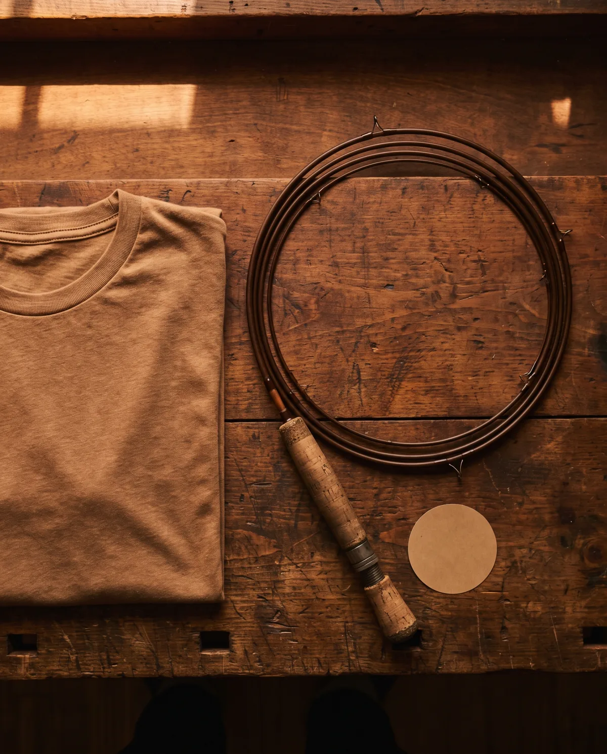 Donkey Styx tee folded next to rod guides on the bench, a merch moment