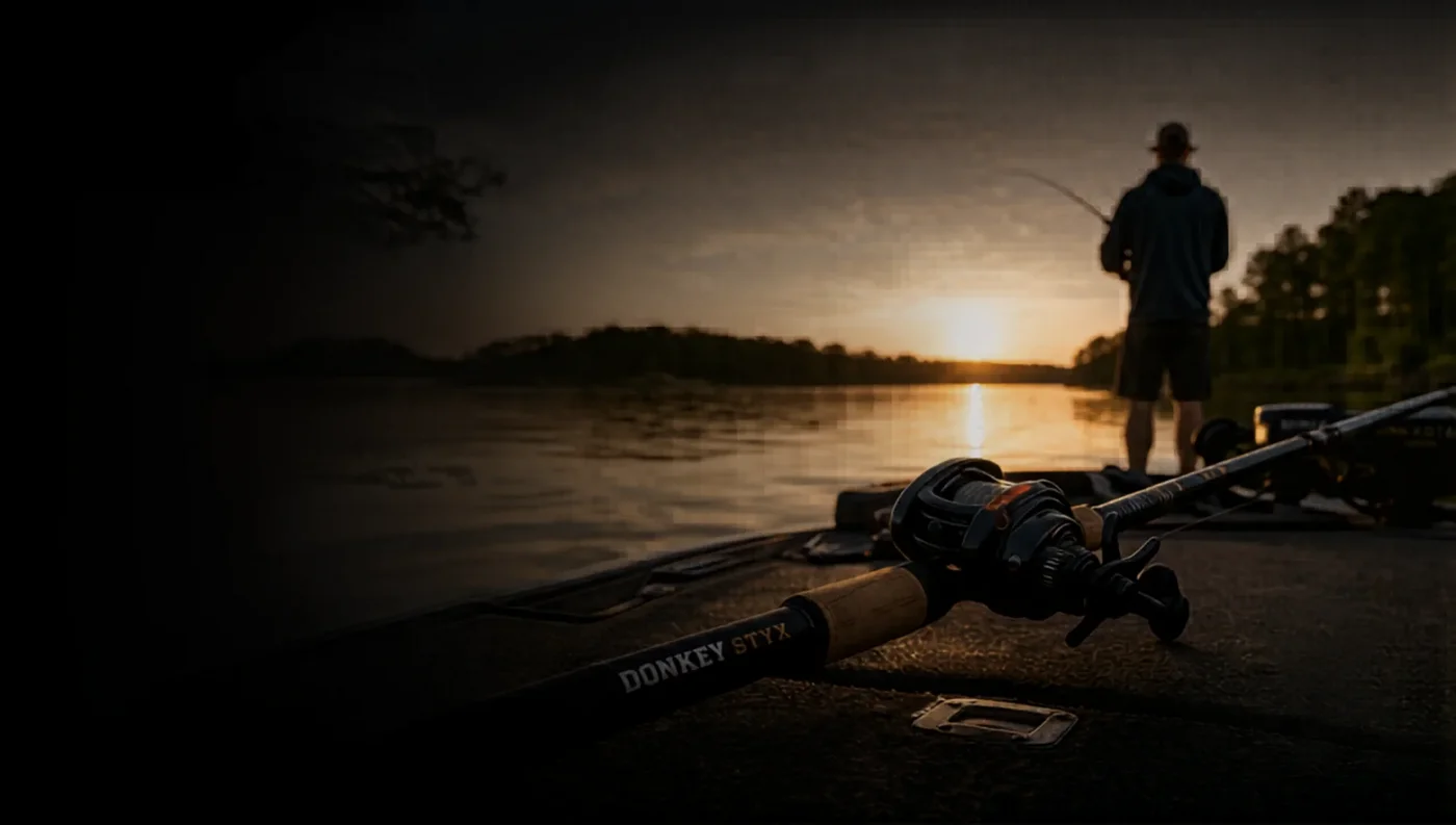 Real product: Donkey Styx rod on the boat at sunset